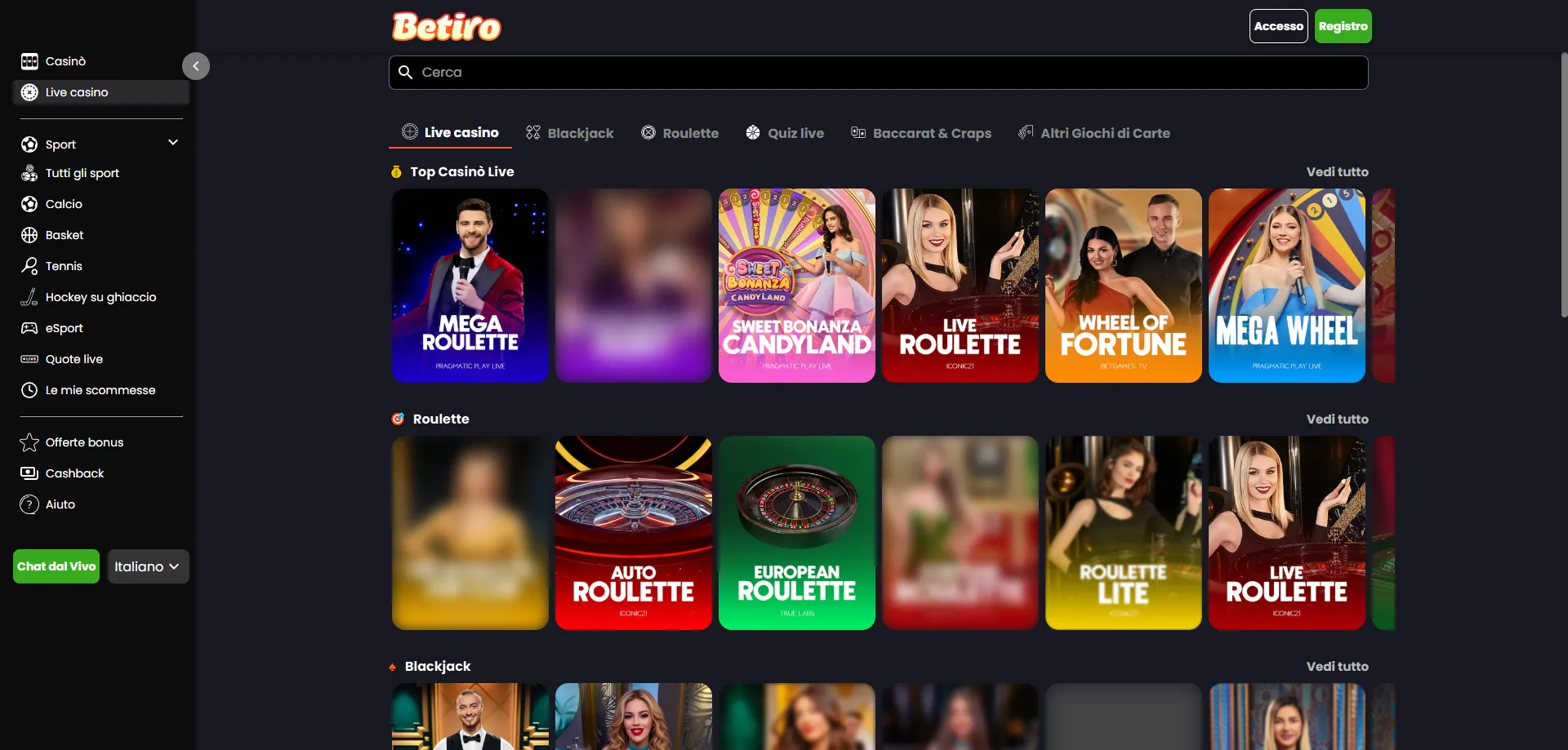 Betiro Casino panoramica piattaforma giochi e bonus Italia