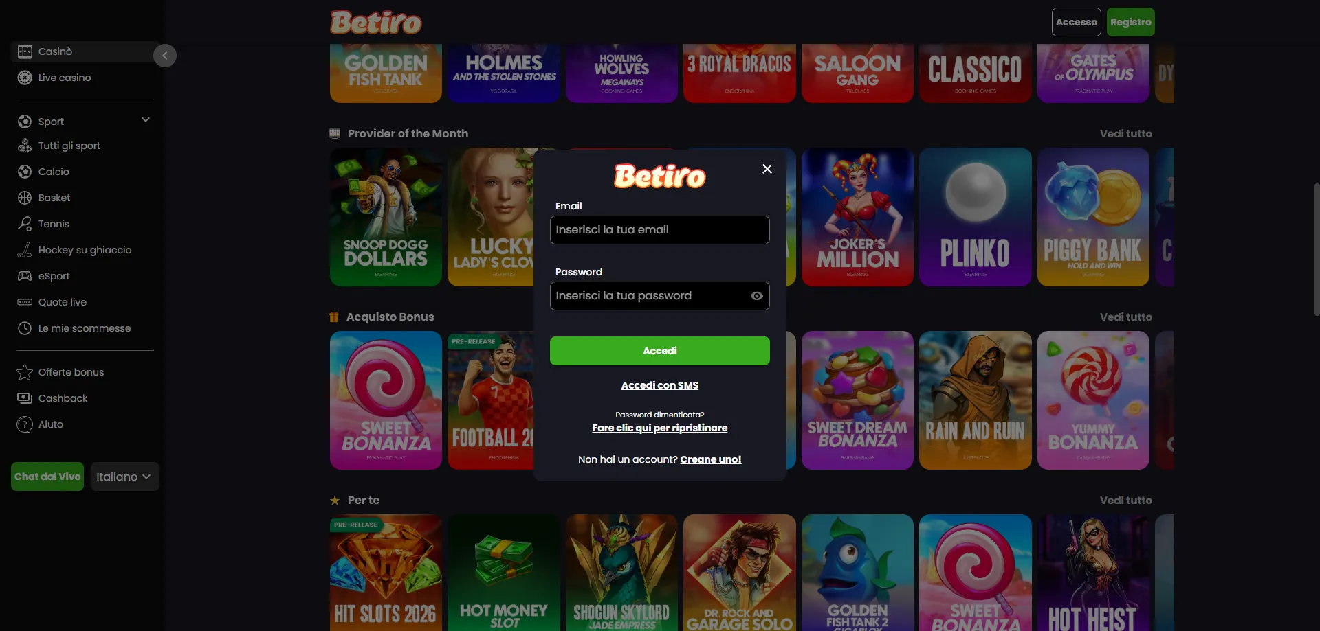 Accesso all'account Betiro Casino sito ufficiale Italia