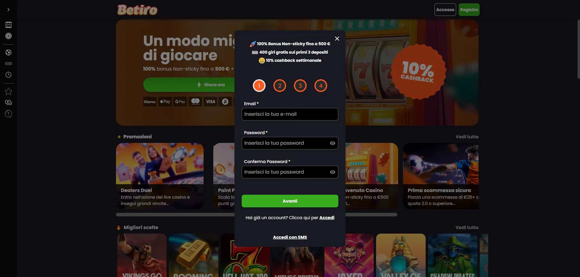 Modulo di registrazione Betiro Casino per nuovi giocatori italiani