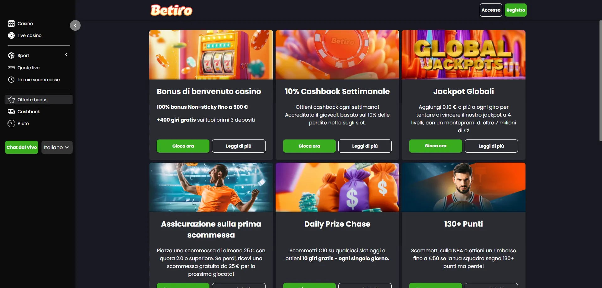 Betiro Casino bonus benvenuto 100% fino a €500 e 400 free spin