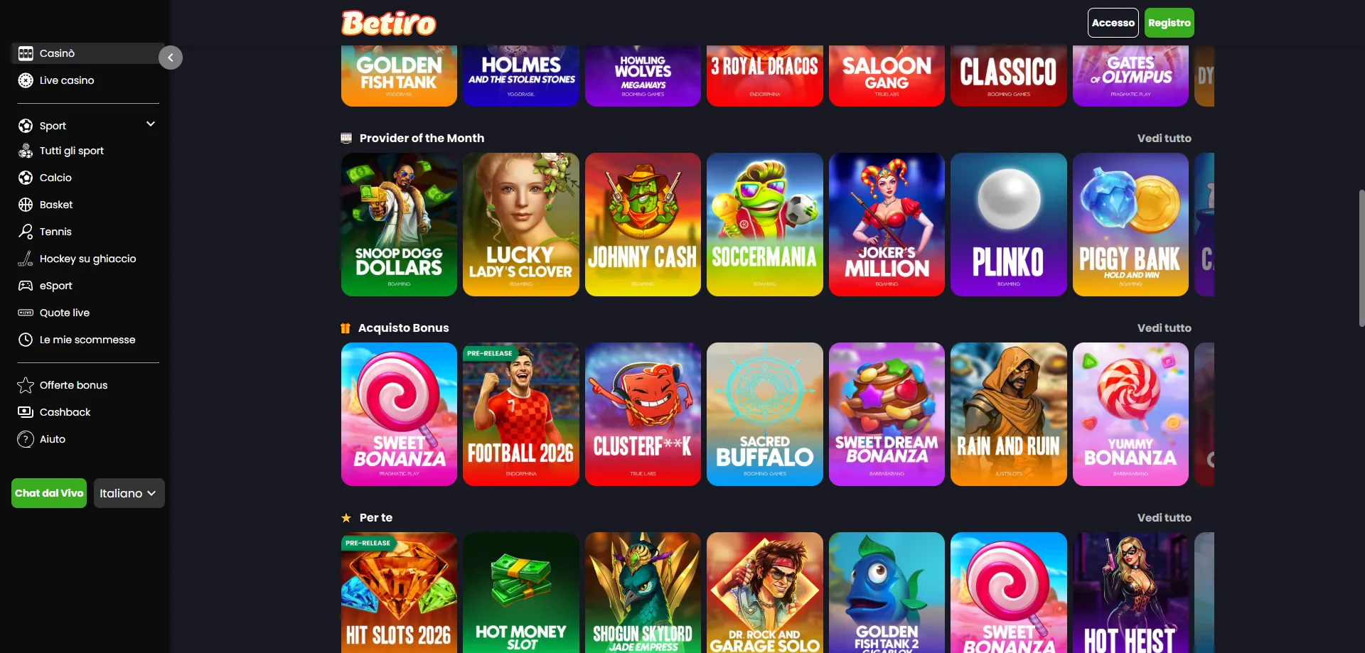 Slot machine Betiro Casino Gates of Olympus e Sweet Bonanza